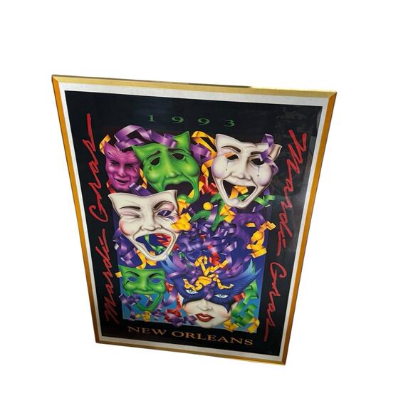 1993 Mardi Gras New Orleans Party Poster Signed Masks Attributed Frankie Flores - Picture 2 of 11
